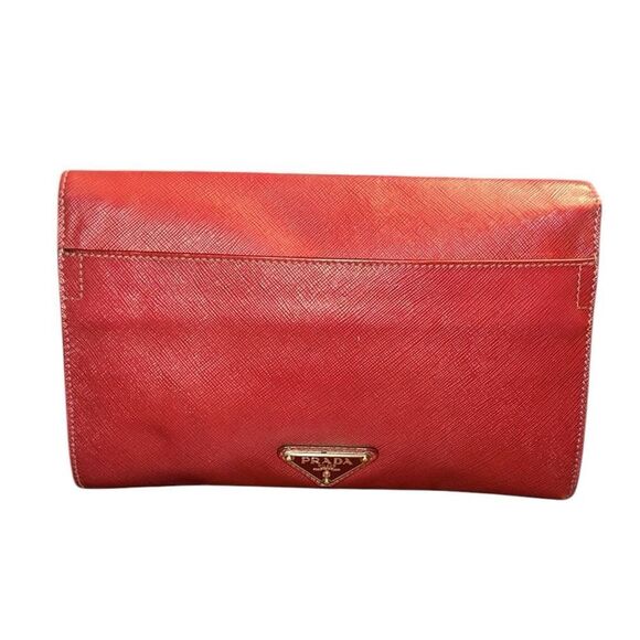 Authentic Vintage Prada Saffiano Leather Burgundy/Red Flap Clutch - Picture 1 of 16